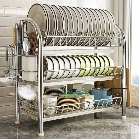 Stainless steel curved kitchen drying rack with two tiers and integrated utensil holders organizer shelf
