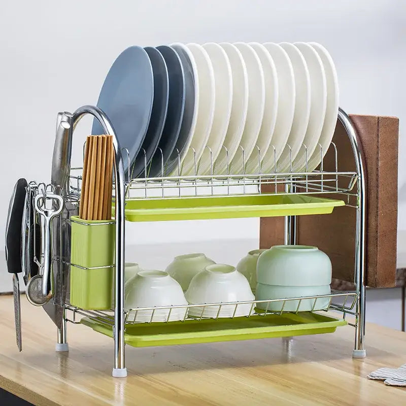 Two-tiered stainless steel kitchen drying rack with lime green trays and utensil holders dish organizer shelf