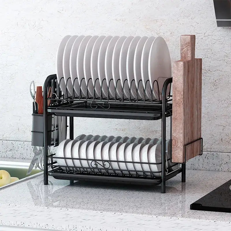 Black metal two-tier kitchen drying rack with wooden cutting board holder and utensil compartment organizer shelf