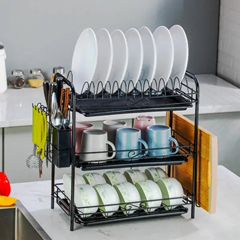 Black metal two-tier kitchen drying rack with curved wire design holding plates mugs and bowls organizer shelf