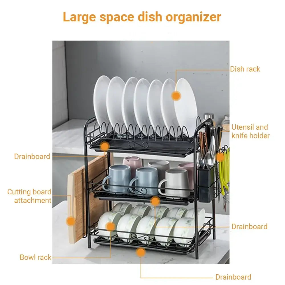 Black stainless steel curved kitchen drying rack with multiple tiers for plates mugs and bowls organizer shelf