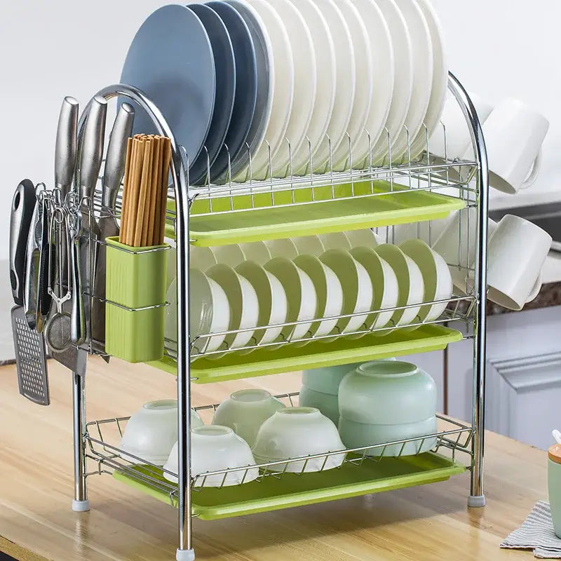Three-tiered stainless steel and lime green plastic kitchen drying rack with integrated knife holder and dish organizer shelf
