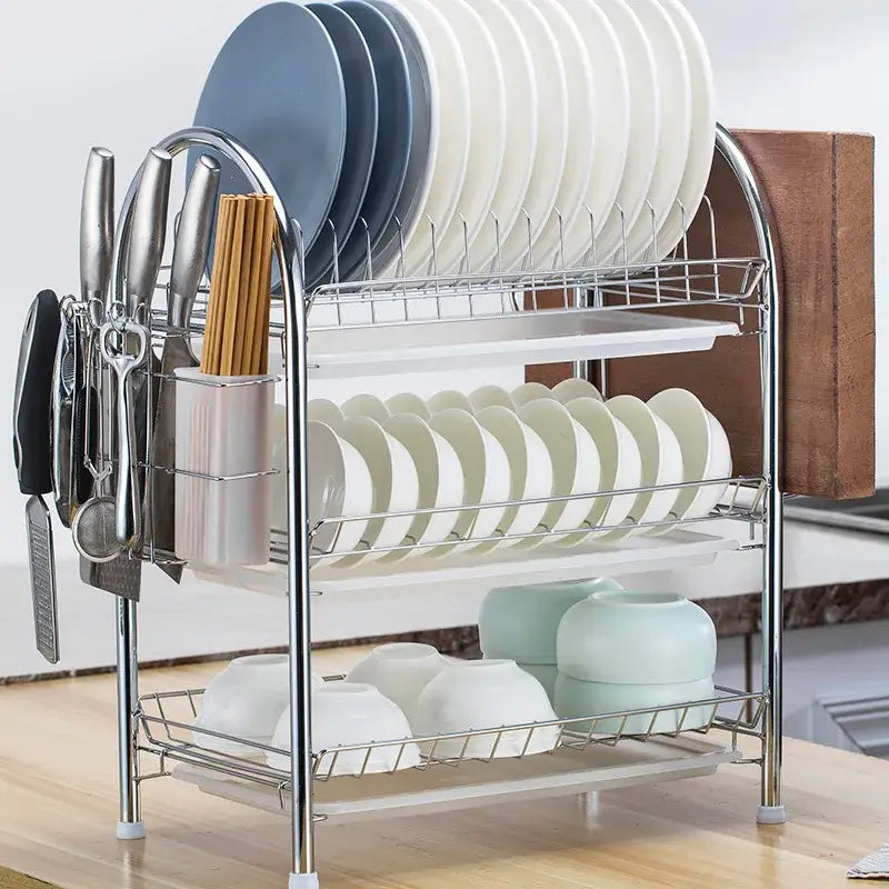 Silver stainless steel curved kitchen drying rack two-tier dish organizer shelf with utensil holder and bamboo storage compartment