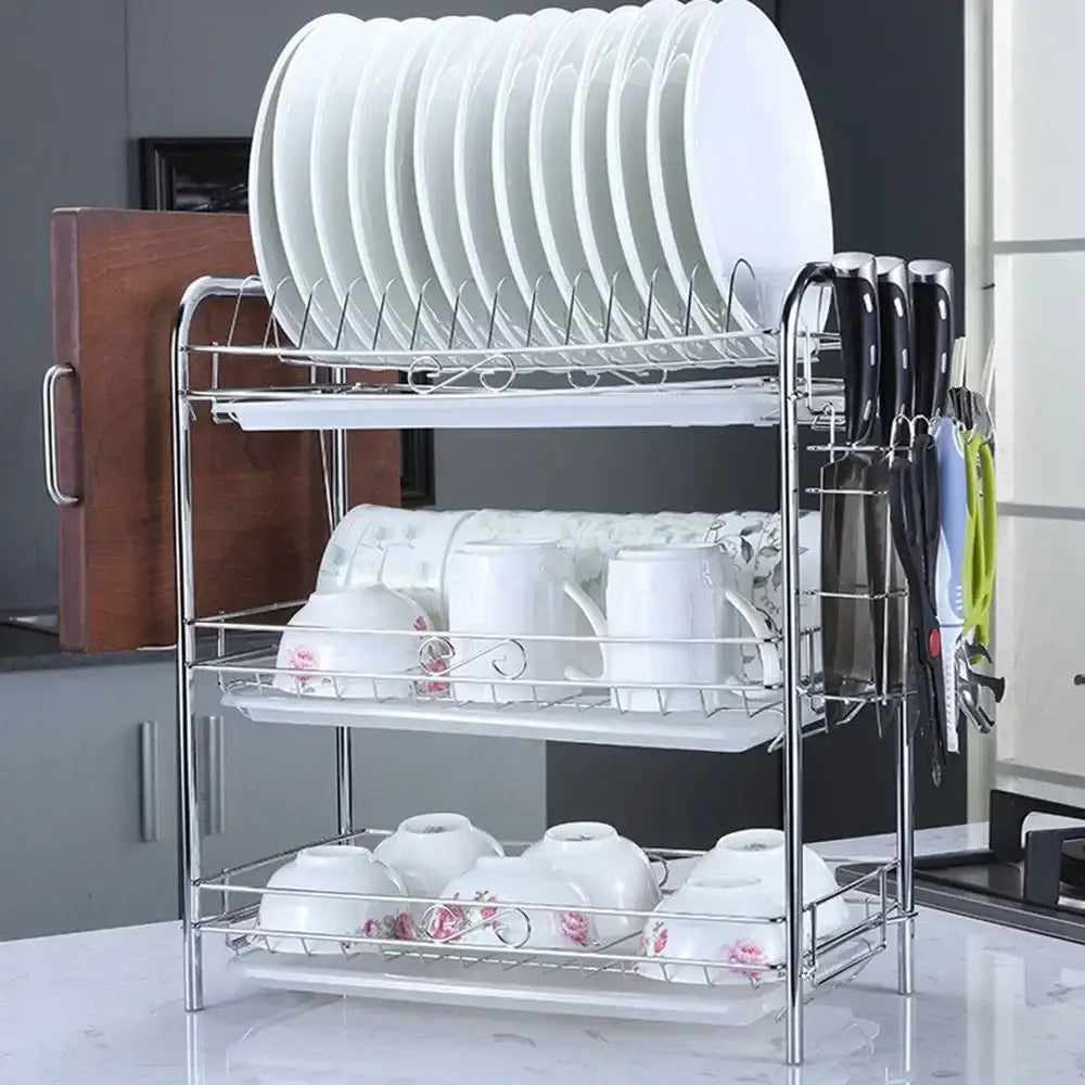 Silver stainless steel curved kitchen drying rack with white plastic trays and wire mesh shelves organizer shelf