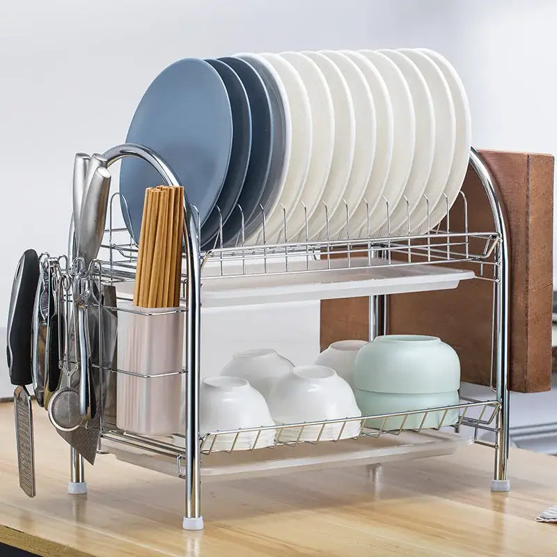 Stainless steel curved kitchen drying rack and dish organizer shelf with two tiers, curved arches, and utensil holders