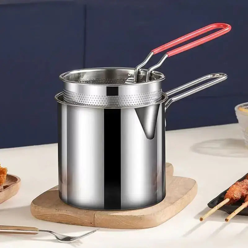 Stainless steel decorbites deep fryer pot with red-handled strainer insert and tongs kitchen tool accessory