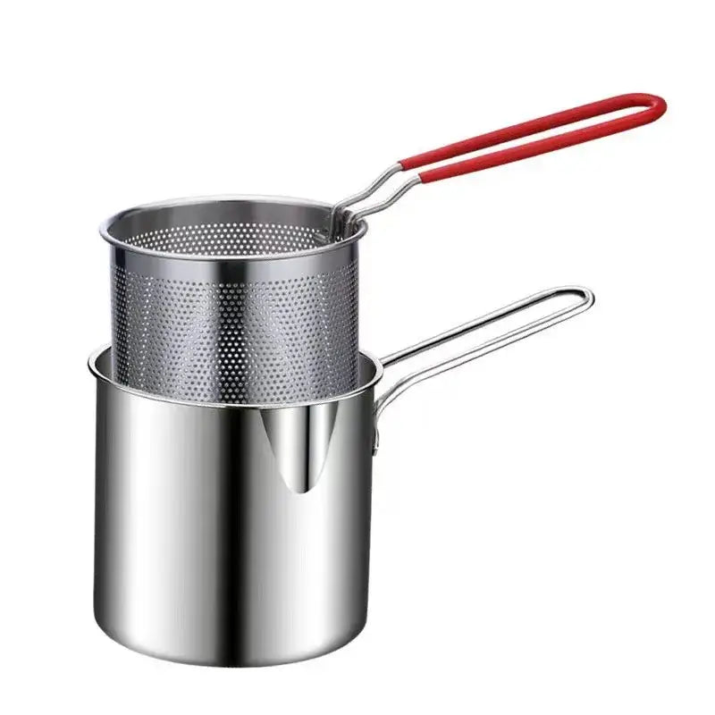 Stainless steel decorbites deep fryer pot with double-tiered strainer set featuring red handle and silver lower pot