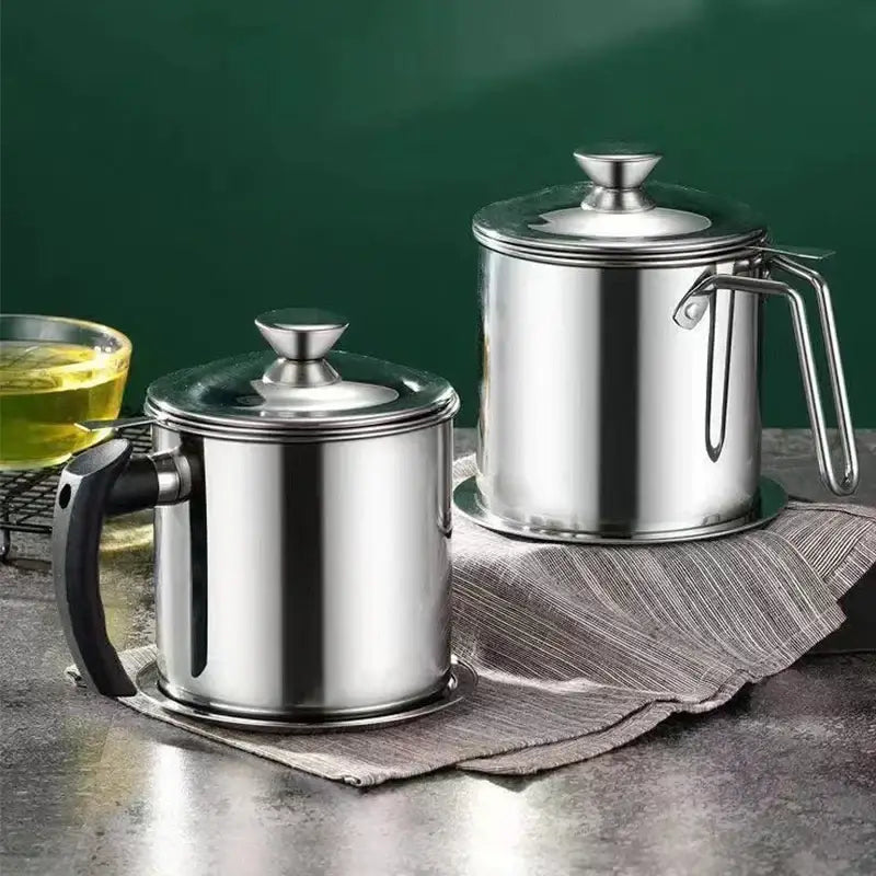 Shiny stainless steel deep fryer pot with strainer tongs and black handle oil separator by decorbites deep fryer