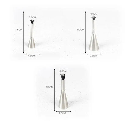 Three stainless steel dessert puff cream nozzles with black plastic tips in a conical nozzle set for kitchen baking