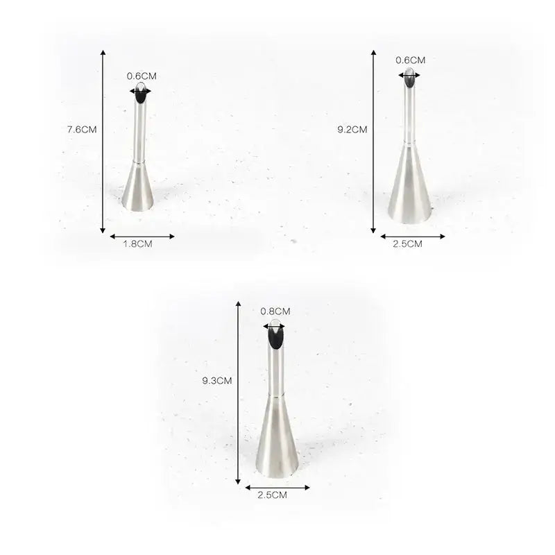 Three stainless steel dessert puff cream nozzles with black plastic tips in a conical nozzle set for kitchen baking