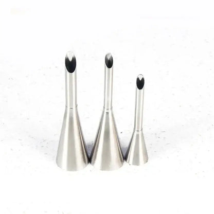 Set of three stainless steel dessert puff cream nozzles with tapered conical bodies and oval openings for baking use
