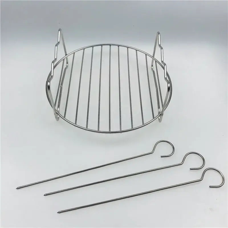 Stainless steel double layer stainless grill rack with curved handles and skewers for kitchen air fryer and bbq use