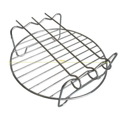 Stainless steel double layer air fryer rack with 15cm diameter grill and curved handles for secure kitchen bbq use