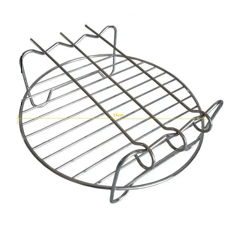 Stainless steel double layer air fryer rack with 15cm diameter grill and curved handles for secure kitchen bbq use
