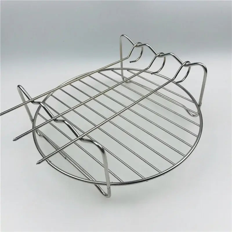 Stainless steel circular double layer stainless grill rack with curved side handles and evenly spaced bars for kitchen bbq