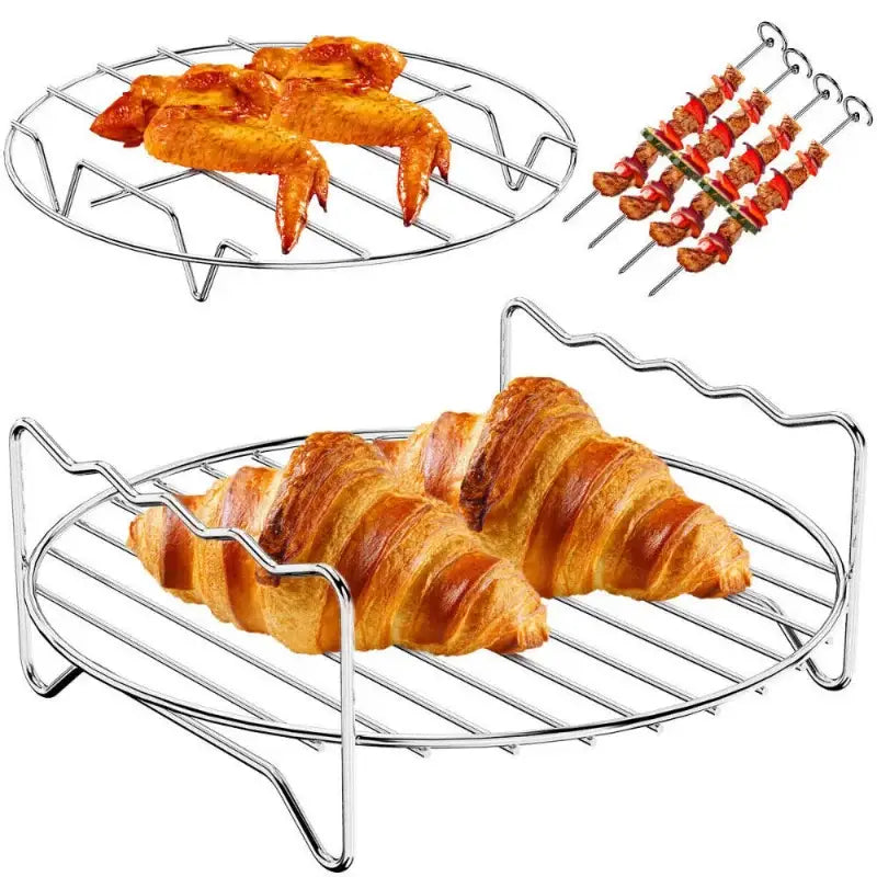 Stainless steel double layer air fryer rack with oval wire grid and curved side supports for kitchen and bbq use