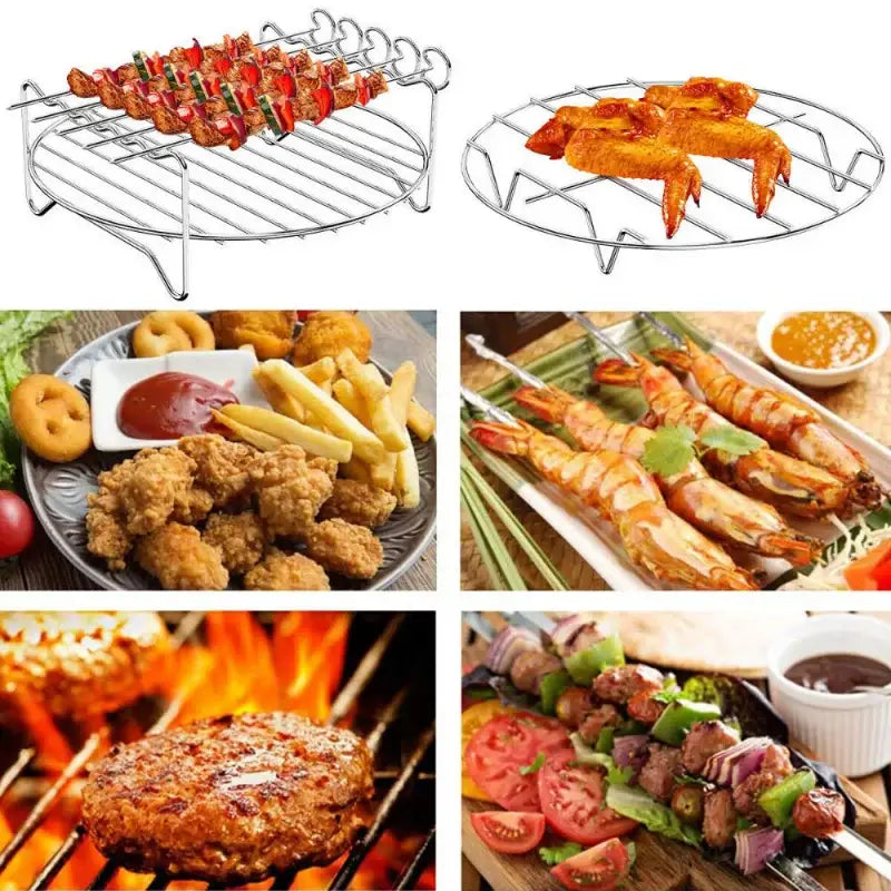 Stainless steel double layer air fryer rack with round grill wire mesh design and curved handles for kitchen bbq use