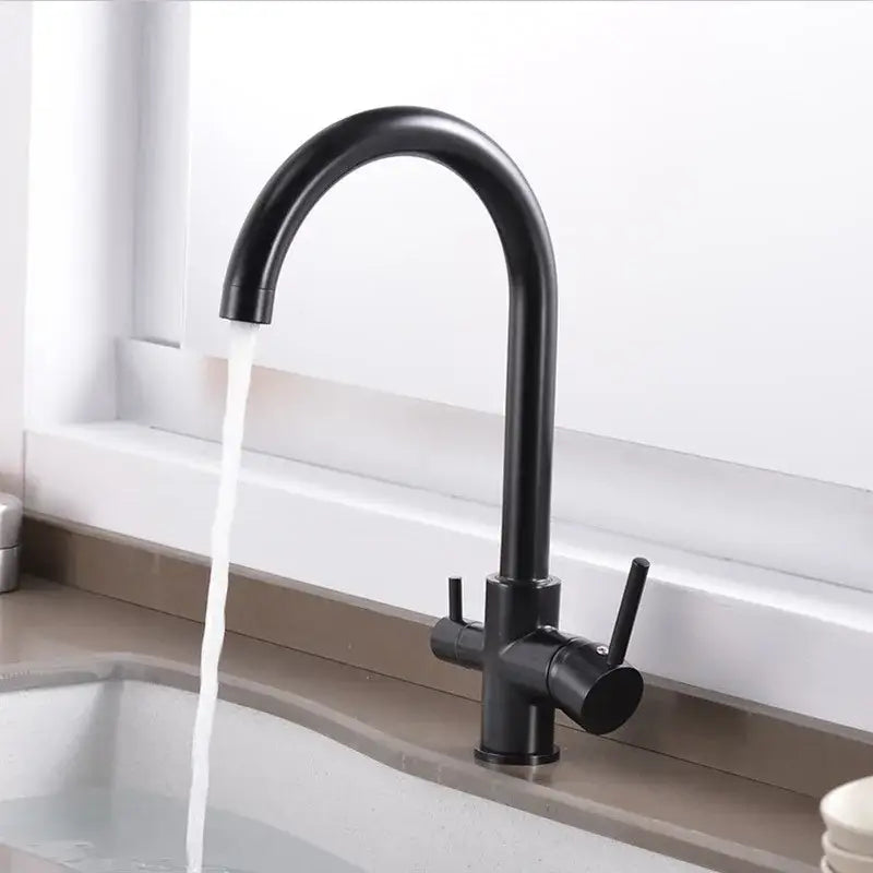 Black matte stainless steel dual handle kitchen faucet with 360 rotation and high-pressure pull-out sprayer