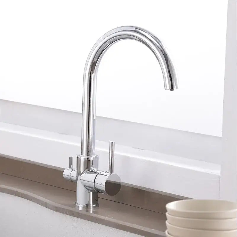Stainless steel kitchen faucet with chrome finish, dual handles, sleek arched spout, and 360 rotation, high-pressure pull-out