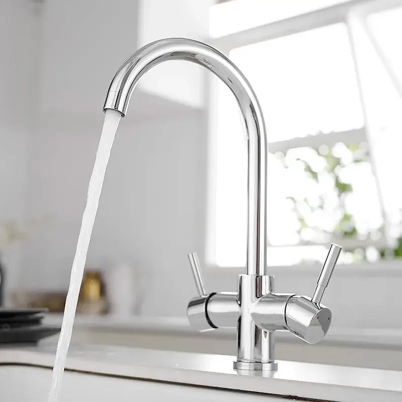 Chrome-finished stainless steel dual handle kitchen faucet with sleek curved spout and 360 rotation high-pressure pull-out