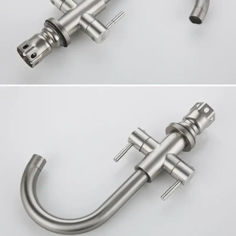 Stainless steel dual handle kitchen faucet with high-pressure pull-out sprayer and 360 rotation in brushed finish