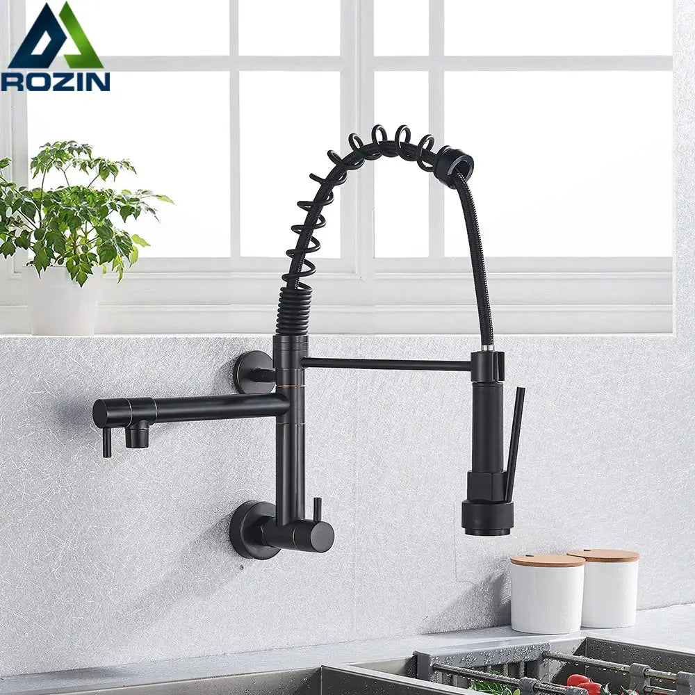 Black matte stainless steel dual spouts kitchen faucet with coiled flexible spout and pull-down spray head decorbites dual spouts