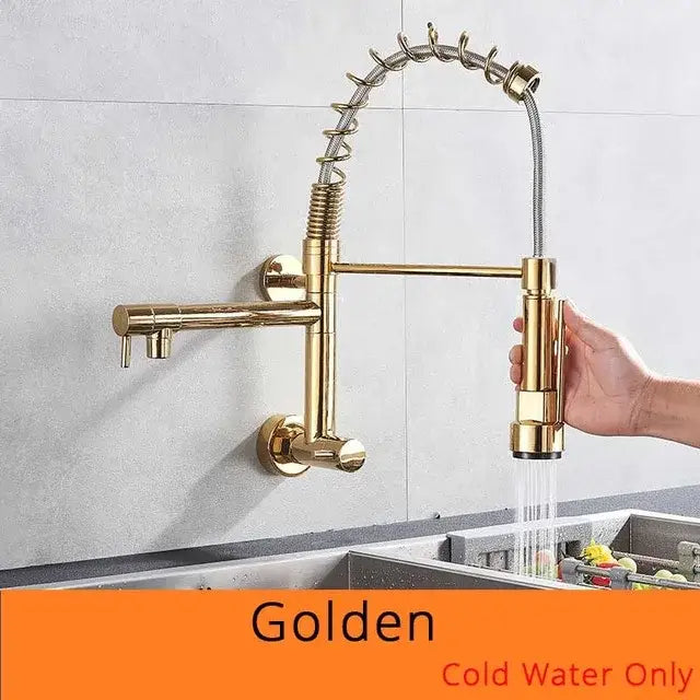 Golden brass-finished decorbites dual spouts kitchen faucet with stainless steel flexible coiled spring hose and pull-down spray head
