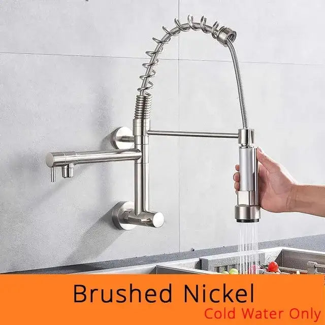 Stainless steel decorbites dual spouts kitchen faucet with brushed nickel flexible coiled spring hose and pull-down spray head