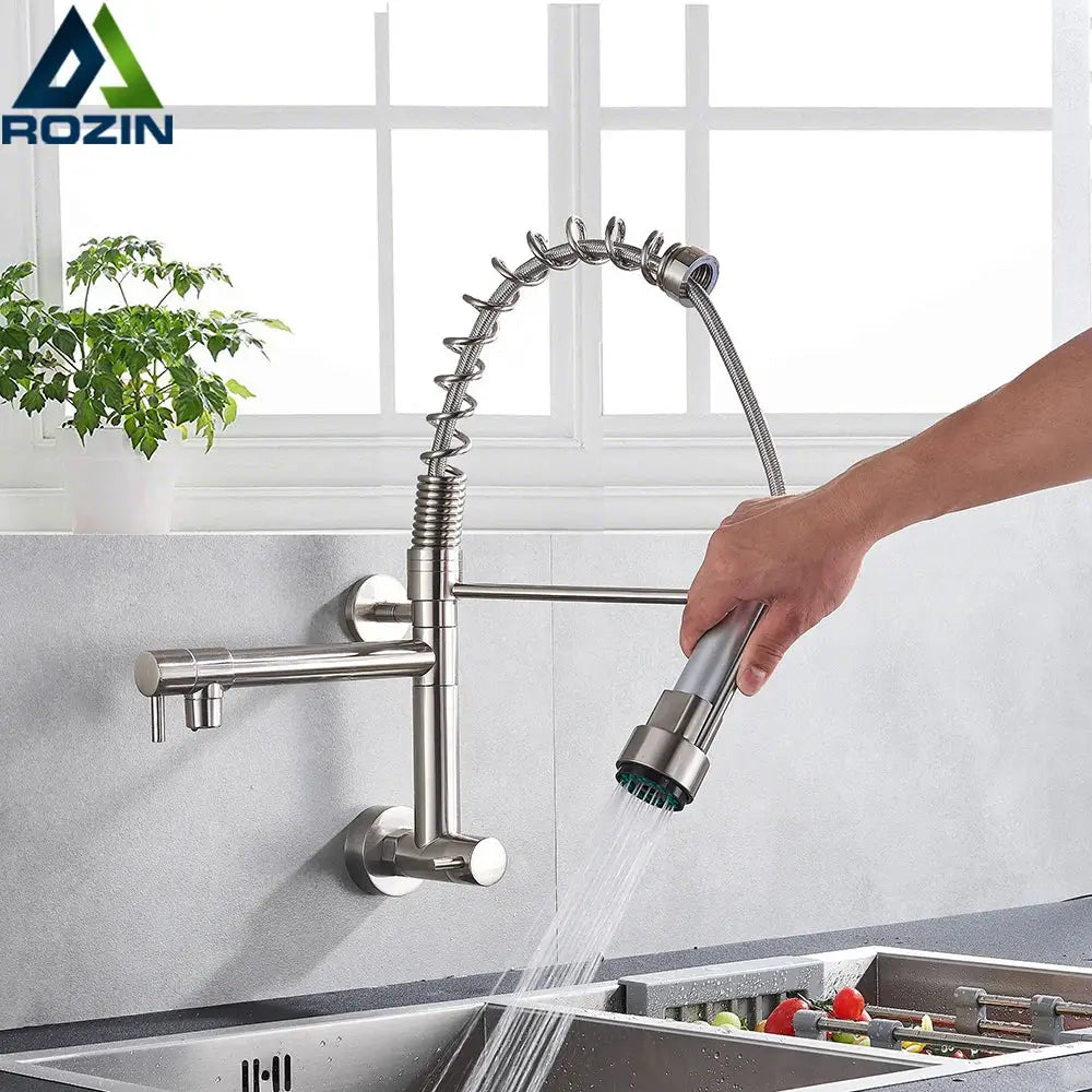 Stainless steel dual spouts kitchen faucet with flexible coiled hose and pull out spray head by decorbites