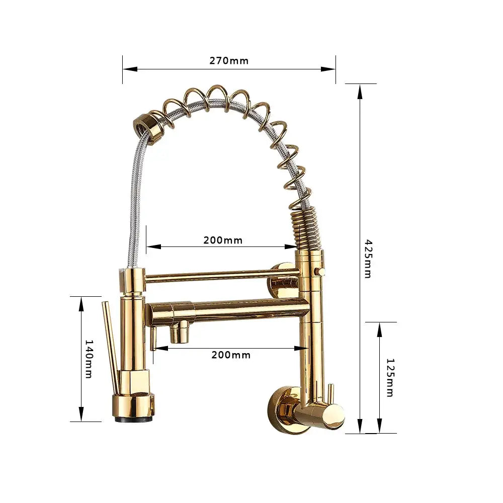 Gold-colored stainless steel dual spouts kitchen faucet with flexible spring hose and pull-down spray head by decorbites