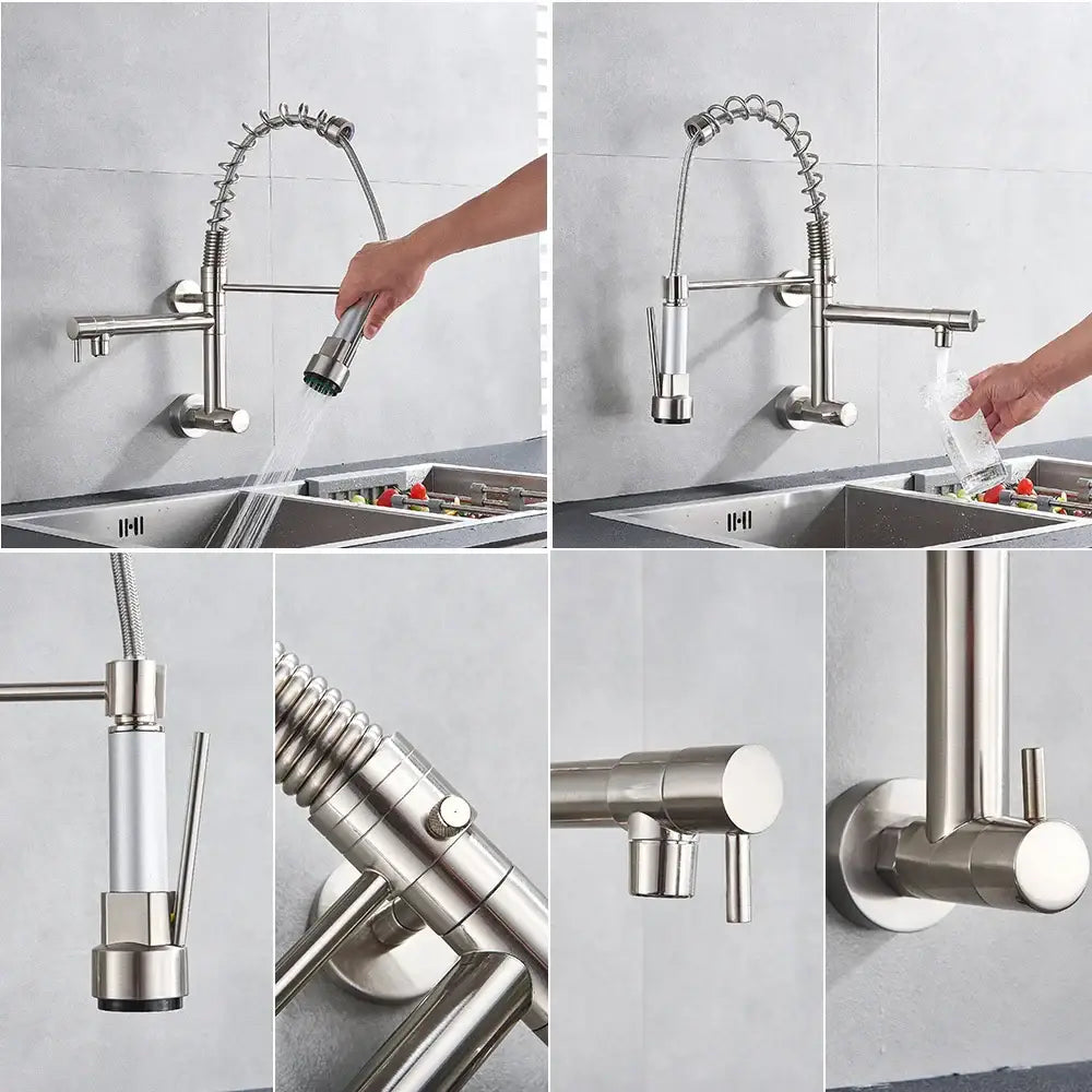 Stainless steel decorbites dual spouts kitchen faucet with flexible coiled hose and pull out spray head for easy use