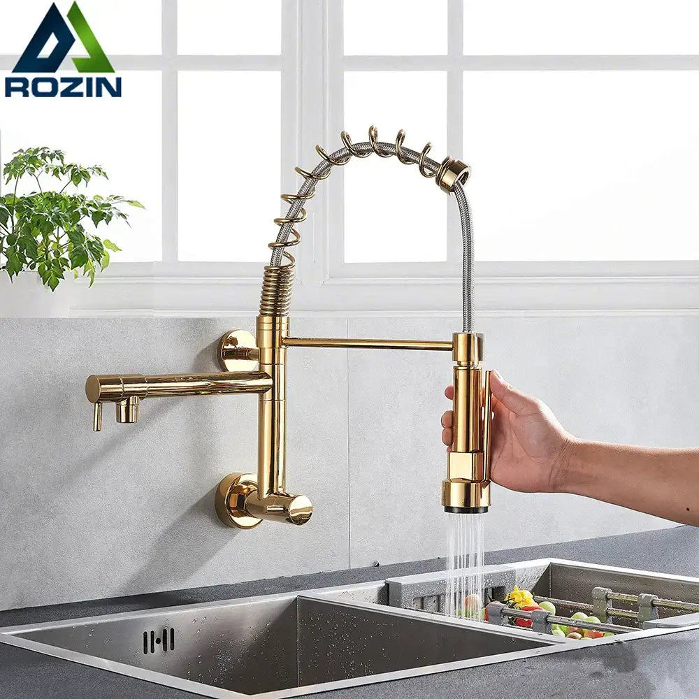 Gold-colored stainless steel decorbites dual spouts kitchen faucet with spring-loaded pull out spray head and flexible hose