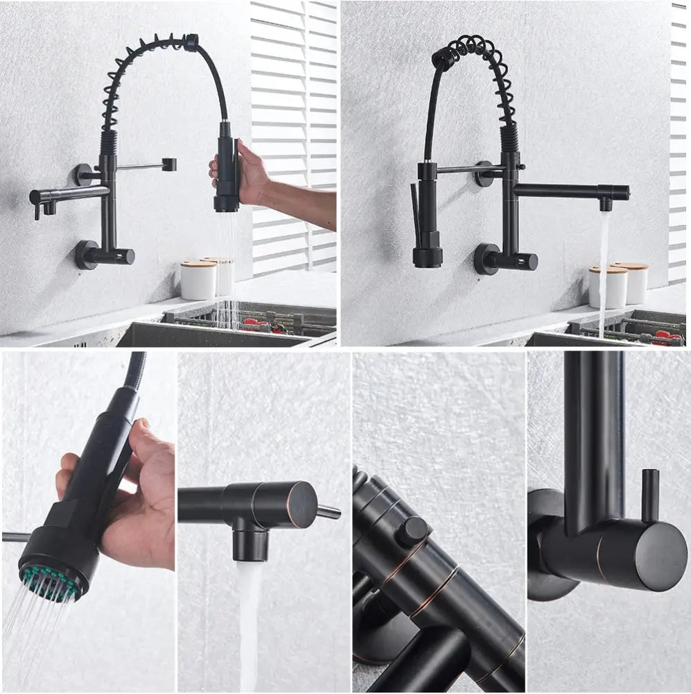 Black matte stainless steel decorbites dual spouts kitchen faucet with pull-down flexible coiled hose and spray head