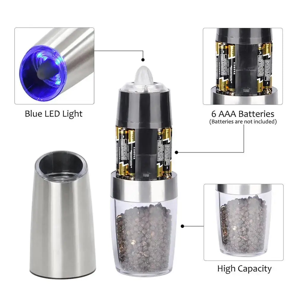 Stainless steel electric pepper grinder with clear plastic and blue led light kitchen accessory for spices