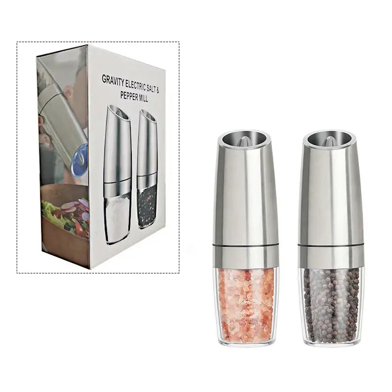 Stainless steel electric spice pepper grinder set with clear glass bases containing pink Himalayan salt and peppercorns