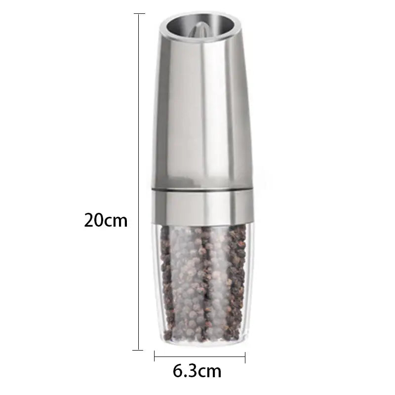 A sleek 20cm stainless steel electric spice pepper grinder with a transparent base kitchen accessory