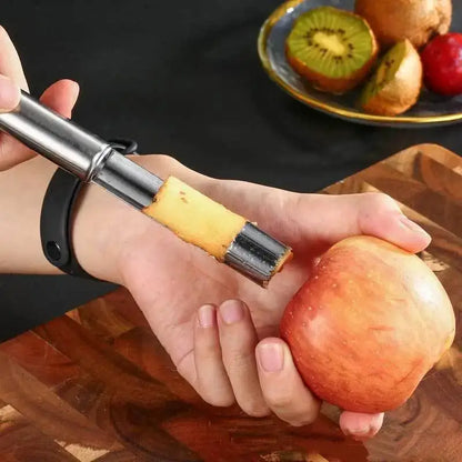 Stainless steel fruit core remover with cylindrical design and yellow rubber grip from decorbites fruit core slicer set
