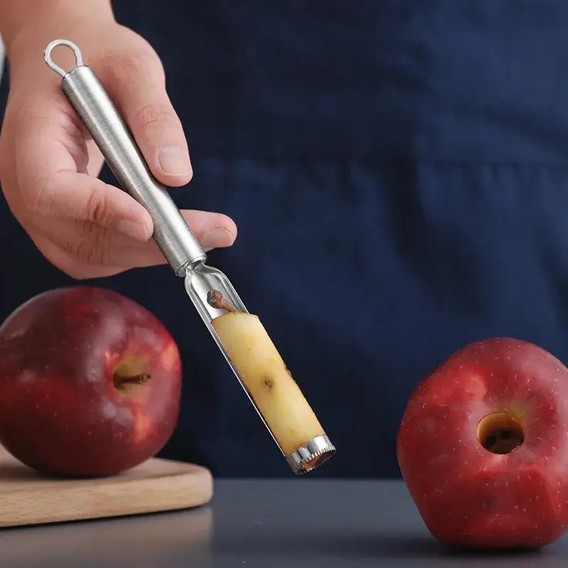 A sleek stainless steel decorbites fruit core remover slicer set 3 pack with serrated edge and looped handle