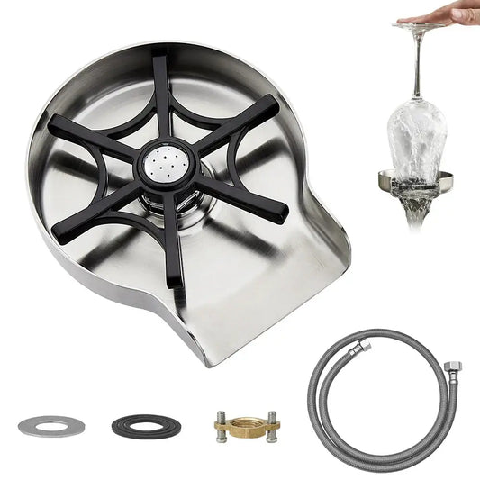 Stainless steel glass rinser with black spiderweb-style drain assembly for efficient automatic cup washer use in kitchen