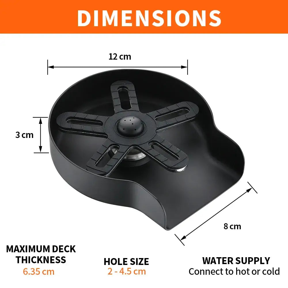 Black plastic sink drain trap with central perforated hole and four ribbed arms for stainless steel glass rinser kitchen use