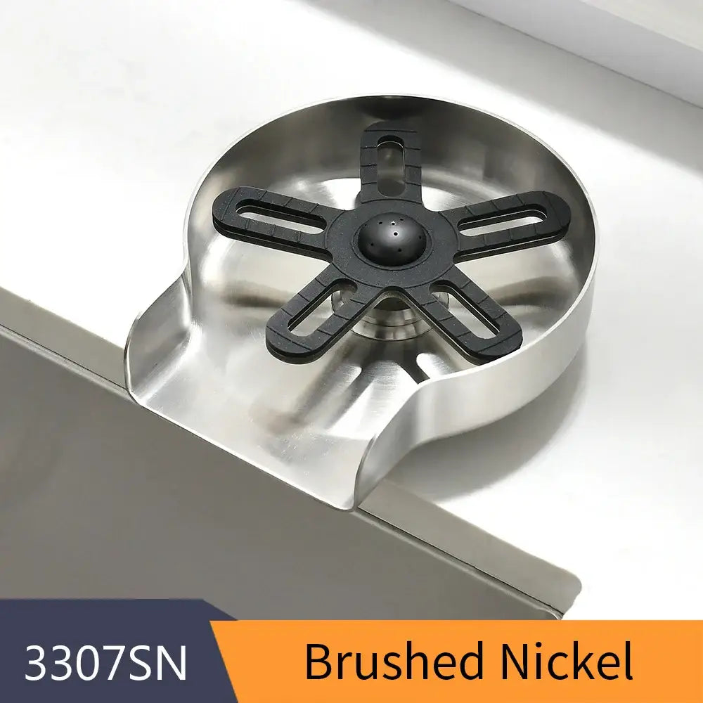 Brushed nickel stainless steel glass rinser with black spiderweb drain and rubber star-shaped filter for cup washer use