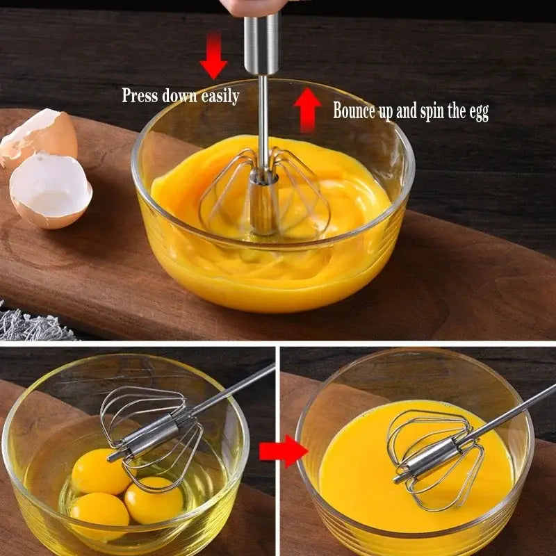 Silver stainless steel hand pressure egg beater with whisk attachment for kitchen mixing and beating tasks