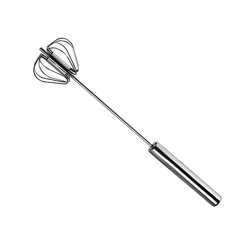 Silver stainless steel hand pressure egg beater with sleek cylindrical handle and wire-beaded whisk head for kitchen mixing