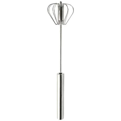 Stainless steel hand pressure egg beater with a sleek cylindrical handle and crown-shaped wire whisk head for kitchen use