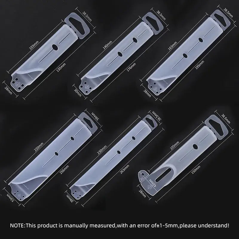 Transparent plastic strap clips with molded handles and adjustable length markings for decorbites knife scabbard set