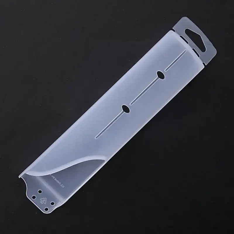 Transparent plastic display stand with hanging tab and circular cutouts for stainless steel decorbites knife scabbard set
