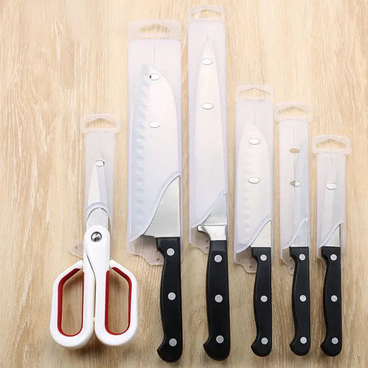 Set of five stainless steel knives with black handles and clear decorbites knife scabbard sheaths for kitchen use