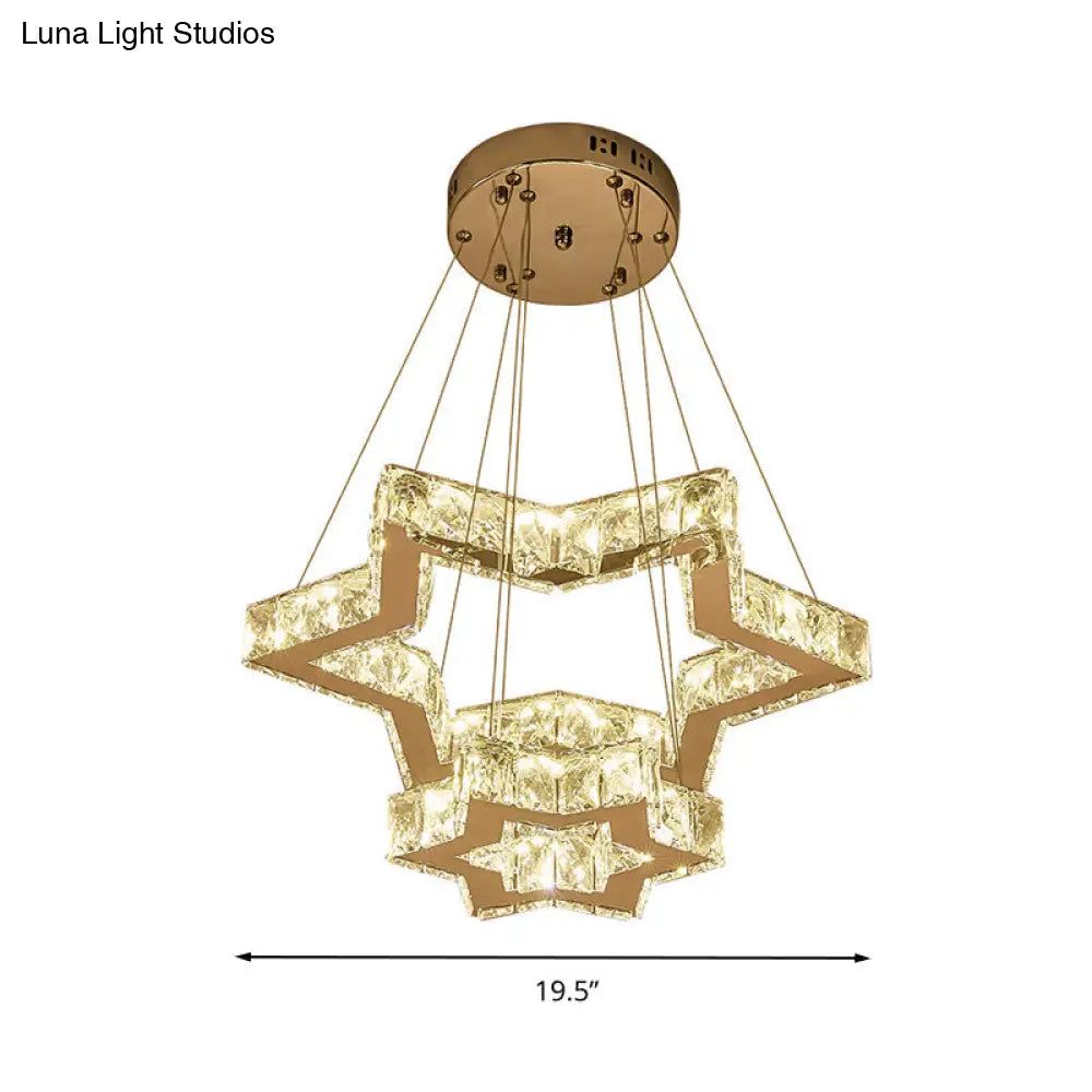 Lámpara de techo LED de acero inoxidable: Lámpara colgante con forma de estrella de cinco puntas y bloques de cristal, disponible en tres colores: cálido, blanco y otros.