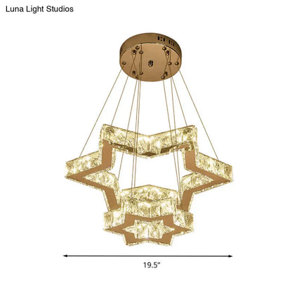 Lámpara de techo LED de acero inoxidable: Lámpara colgante con forma de estrella de cinco puntas y bloques de cristal, disponible en tres colores: cálido, blanco y otros.