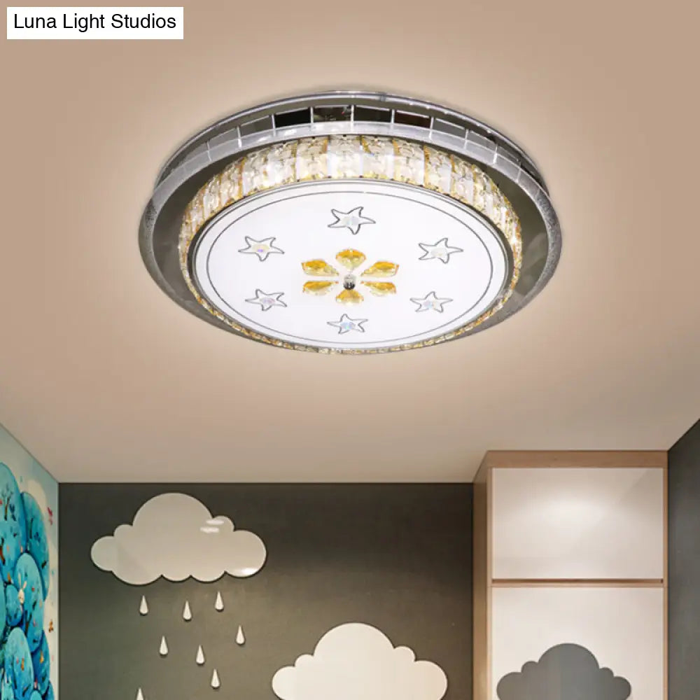 DecorBites™ DecorBites™ Stainless-Steel LED Flush Light Fixture with Clear Faceted Crystal Blocks - Modern Circular Ceiling Mount